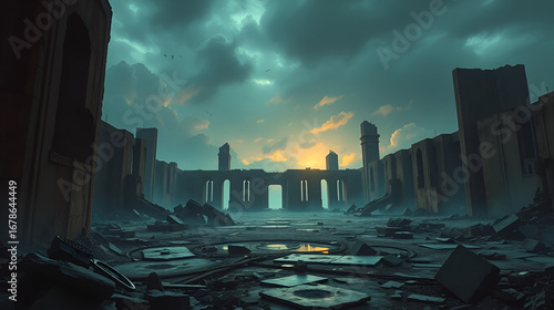 Escena apocaliptica futurista ruinas conflicto
