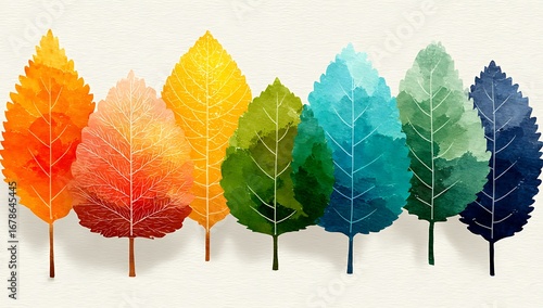 Fototapeta Naklejka Na Ścianę i Meble -  Watercolor illustration of seven colorful autumn leaves in a row fall leaf