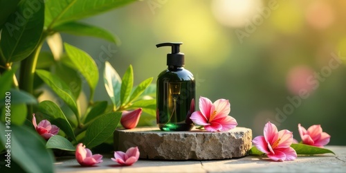 Serene Botanical Wellness Product Display with Delicate Pink Blossoms on Natural Stone