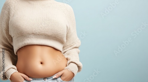 Women's waists with different body fat percentages are shown on a blue background. Health and diet contribute to body transformation, including weight loss and internal health.
