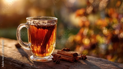 Glass mug of spiced tea on wooden deck, autumnal setting