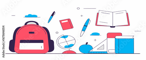 A vibrant collection of educational supplies including a backpack, books, and stationery arranged in a playful layout.