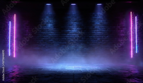 Neon-lit, smoky, dark room with brick walls (1)