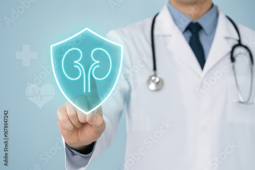 A hand points to a glowing shield icon of kidneys, symbolizing renal protection and care, against a light blue backdrop.