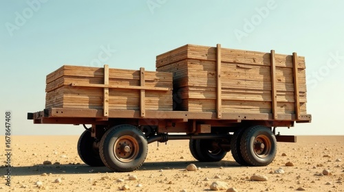 A Rustic Wooden Cargo Trailer Carries Lumber Across a Desolate Sandy Landscape Under a Clear Sky