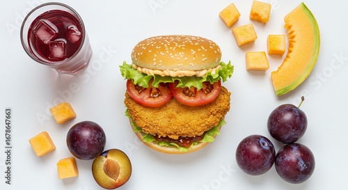 Delicious Crispy Chicken Burger with Fresh Fruit and Juice
