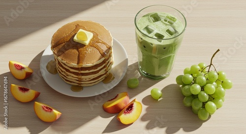 Indulgent brunch spread with golden pancakes, melting butter, sweet peaches, grapes, and a vibrant iced matcha on a sunlit table