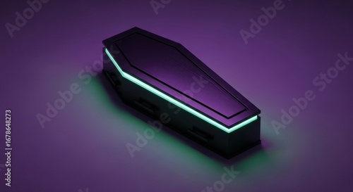 Modern coffin with neon light accents creates a striking, spooky, Halloween vibe
