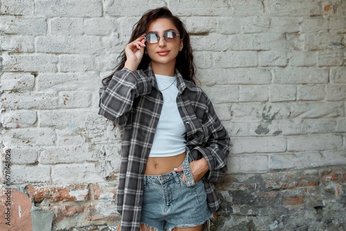A fashionable woman poses casually, wearing sunglasses and a plaid shirt against a brick wall.