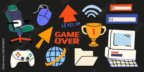 Streamers, web blogging and gamers cartoon groovy elements. Cyberspace technology concept. Gamer stickers with game console, joystick, gaming headphones, mouse, microphone, keyboard