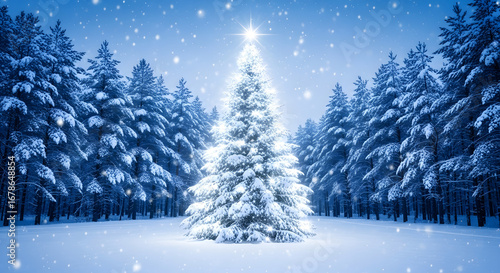 Illuminated christmas tree in a snowy forest at night