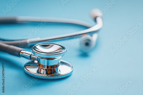 Close-up of a medical stethoscope on a light-blue surface