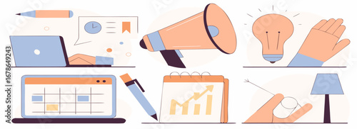 Illustration of office tools for persuasive communication and productivity featuring charts, devices, and a megaphone.