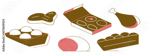 Colorful illustration of assorted food items including meat, eggs, and sweets with a playful design.