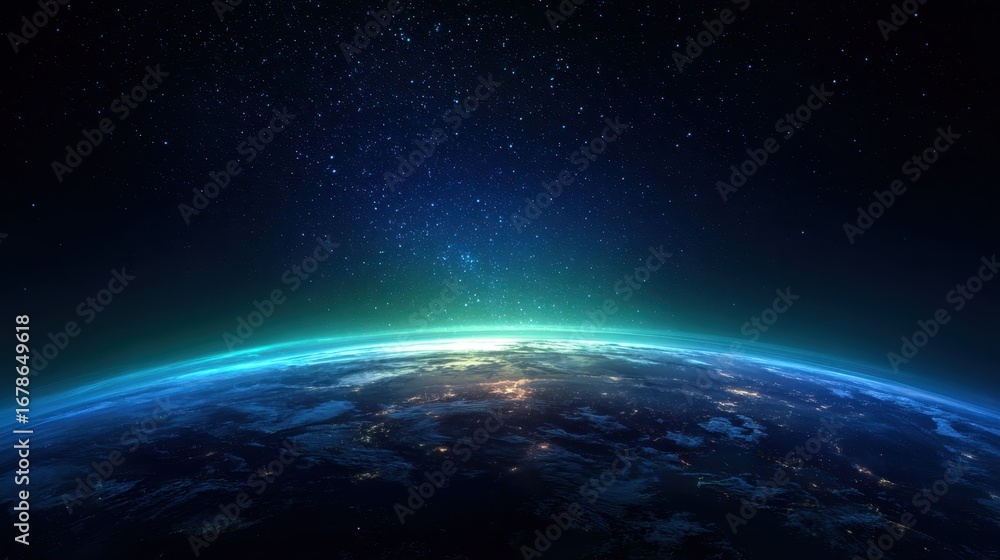 Obraz premium Spinning global sphere highlighting illuminated urban centers, verdant landmasses against deep nocturnal cosmic background studded with twinkling stellar elements