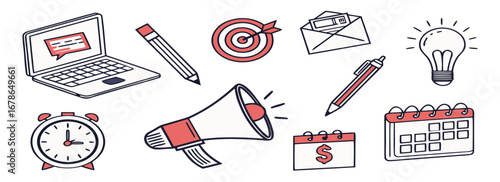 Illustration of various digital marketing symbols including a laptop, light bulb, calendar, and megaphone.