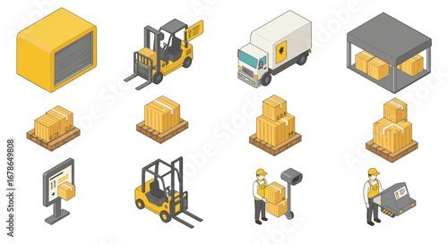 Isometric logistics icons set: forklift, delivery truck, warehouse, boxes, online shopping