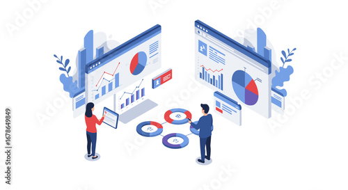 Analyzing business growth with interactive digital data charts in isometric style