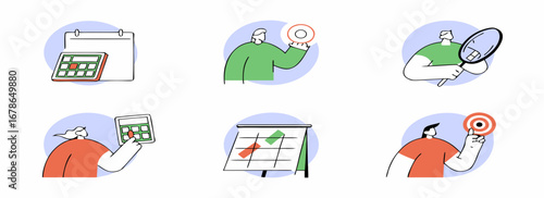 Illustration of diverse individuals engaged in various business activities, including data analysis and goal setting.