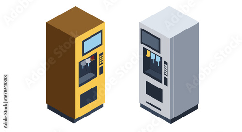 Isometric coffee vending machines in brown and gray for modern cafeteria design