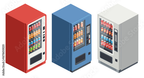 Colorful vending machines in isometric style featuring snacks and drinks