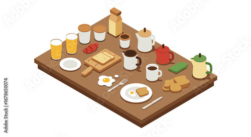 Isometric breakfast table with coffee, juice, and toast bread