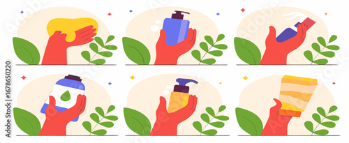 Colorful illustrations of hands holding various cosmetic containers amidst green leaves, showcasing beauty products' variety and nature.