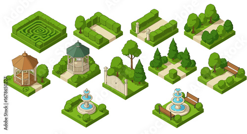 Isometric garden elements collection with hedges, gazebos, and fountains
