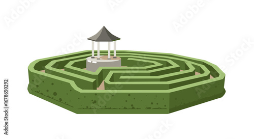 Garden maze with pavilion: a hexagonal topiary labyrinth in minimalist design