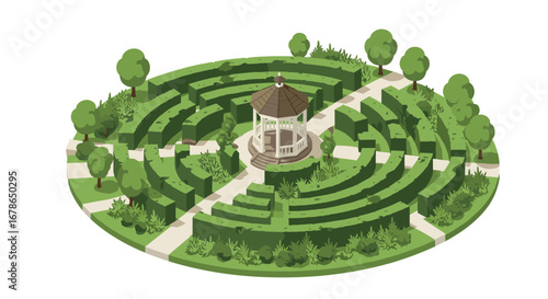 Isometric circular hedge maze with gazebo and pathways in lush green garden