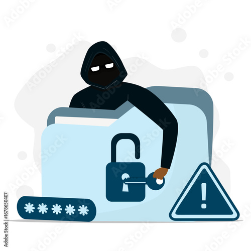 Illustration of a hacker unlocking data folder with password breach and security warning symbol.