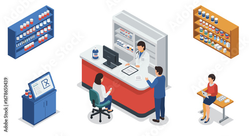 Pharmacy isometric concept with pharmacist, customers, and medicine displays in modern setting