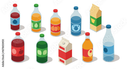 Assorted beverage containers in isometric style featuring bottles and cartons