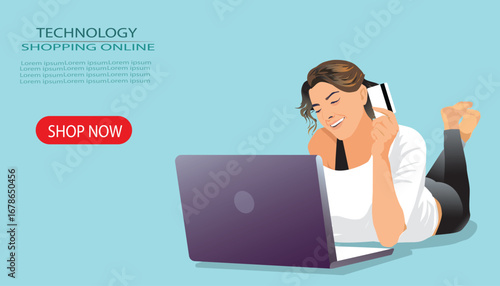 happy woman doing online shopping at home. vector, illustration