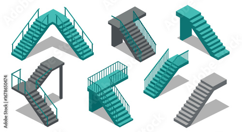 Diverse staircase designs in isometric style for modern architecture concepts