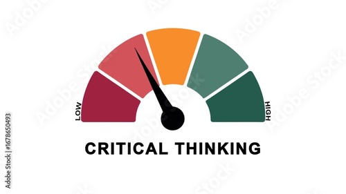 Animated critical thinking meter moving from low to high level, ideal for concepts related to intelligence, problem solving, and decision making