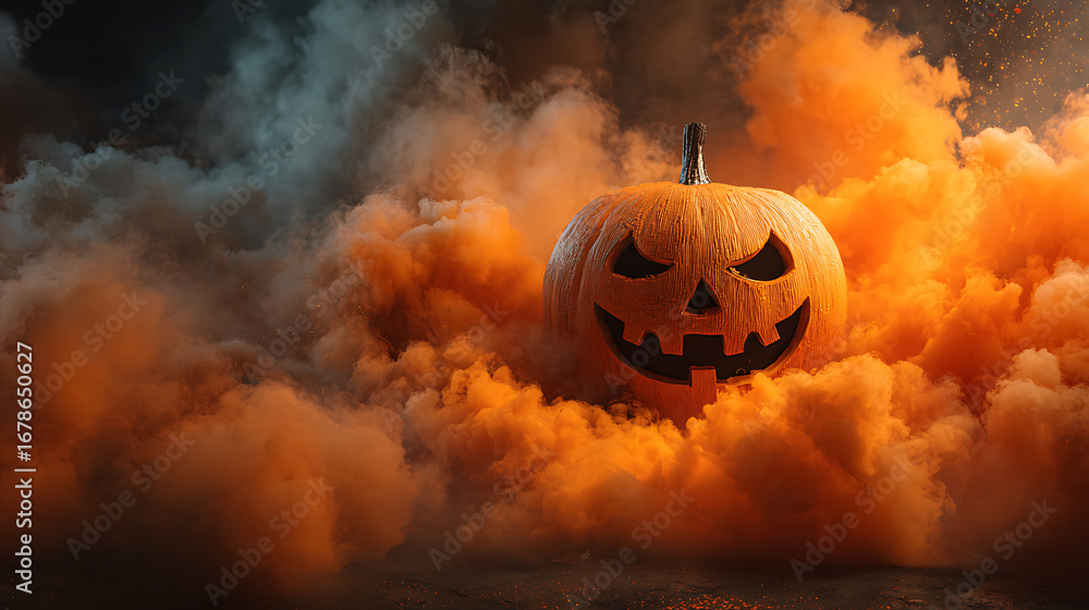 Fototapeta premium Spooky Halloween Pumpkin Surrounded by Eerie Orange Smoke and Dark Clouds at Night