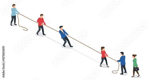 Isometric tug of war with diverse business team pulling rope against opposing side