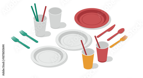 Isometric tableware set featuring plates, cups, and cutlery in bold colors