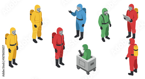 Isometric hazmat suit workers engaged in discussion and equipment use
