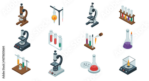 Isometric scientific laboratory equipment featuring microscopes and test tubes