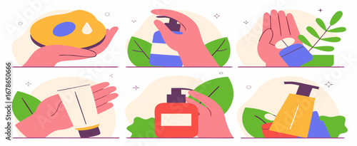 Illustration of hands interacting with various skincare products on a pastel background with leaves, showcasing a natural and calming aesthetic.