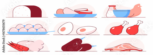 Illustration of various food items including bread, meat, eggs, and produce arranged in a neat grid layout.