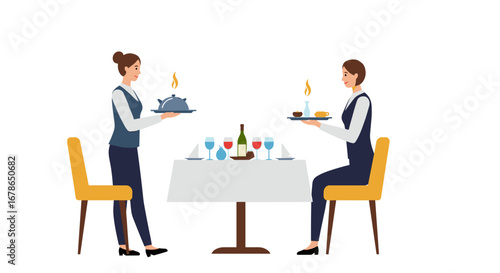 Elegant restaurant service scene with waitstaff and dining table setting
