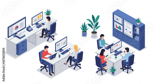 Modern office workspace with people at desks and computers in isometric style