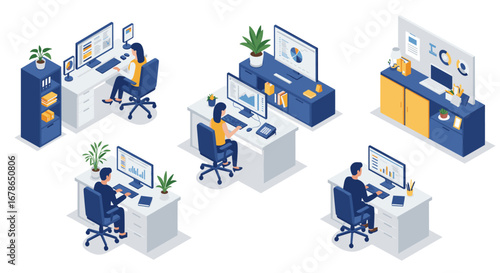Modern office isometric design with people working at desks