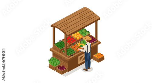 Isometric farmers market stand with fresh produce and vendor