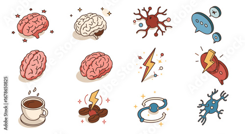 Colorful doodle icons of brain health and energy