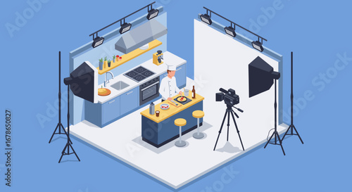 Isometric kitchen studio setup with chef and cameras for cooking show