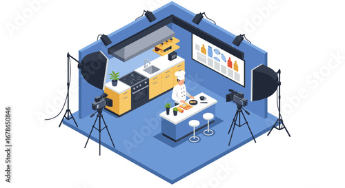 Isometric culinary studio kitchen with chef filming cooking show in professional setup